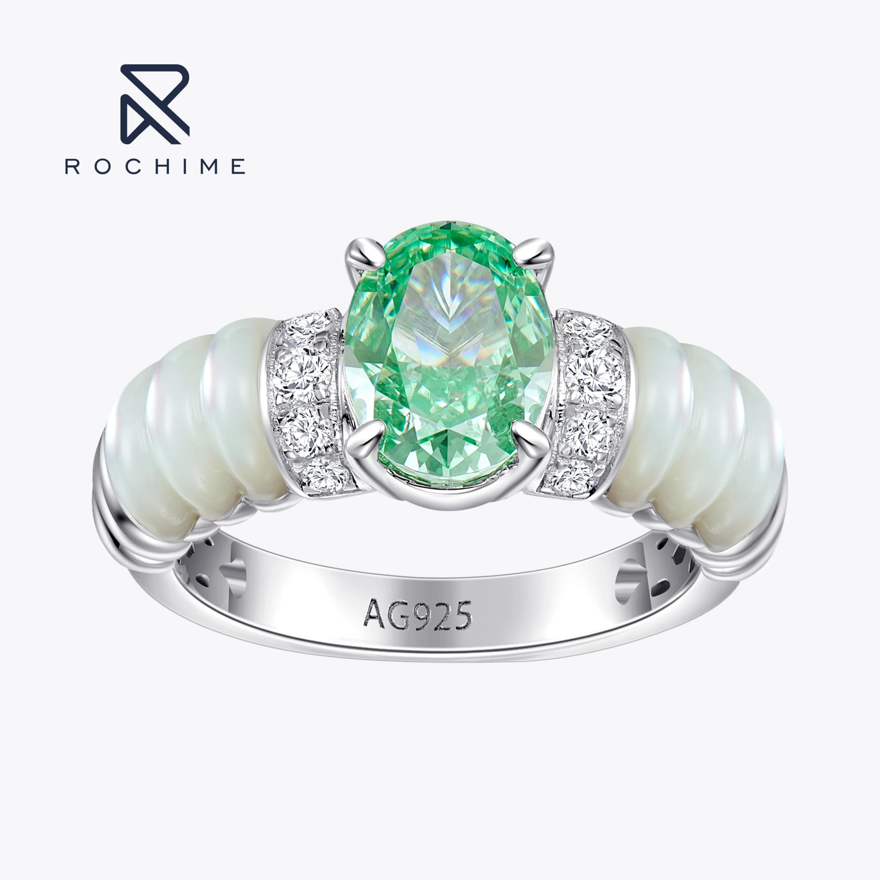 Rochime New Arrival Design Wave Shaped White Fritillaria Zircon Rings 925 Silver Oavl Cut Jewelry  Ring