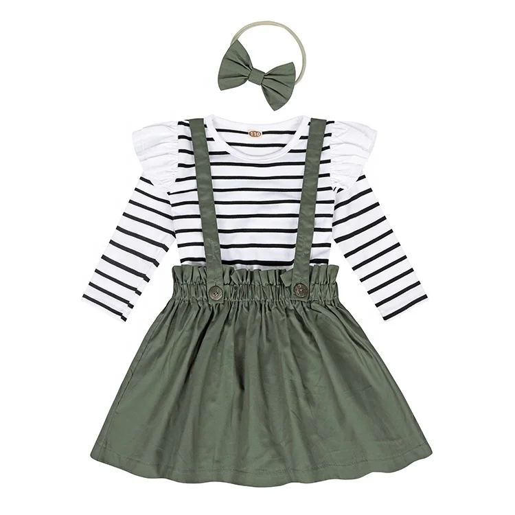 

Spring And Autumn Girls Fake Two-Piece Dress Kids Striped Suspender Skirt Hot Selling Girls Cotton Long Sleeve Skirt, Green/red/yellow