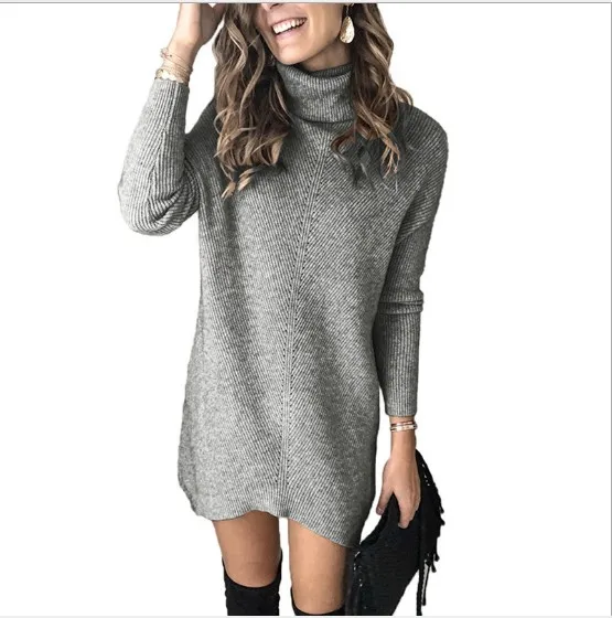 

Autumn long sleeve pullover sweaters women high neck warm sweater dress loose