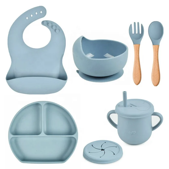 

BPA Free Custom Logo Kids Baby Feeding Set Silicone Suction Bowl Plate Bib Cutlery Silicone Bib Bowl Spoon Set