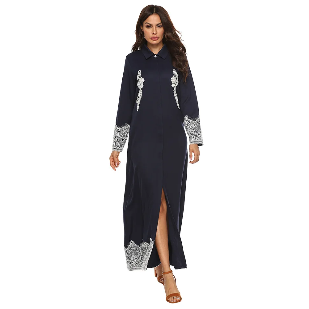 

Autumn New Product Casual Dress Lace Stitching Lapel Slit Sleeve Dress Women Arabian Clothing, Picture color