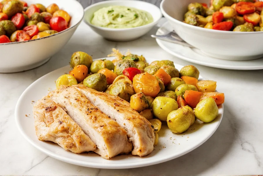 Plated meal showing lemon pepper stepped chicken with roasted vegetables and side dishes