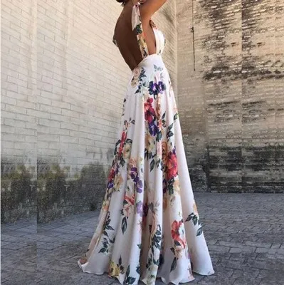 

Amazon V-Neck Sexy Backless Halter Floral Swing Summer Dress For Women