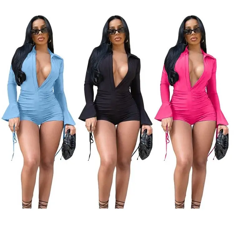 

Popular Female Short Rompers Flare Sleeve Bodycon Deep V Neck Autumn Women Stacked Jumpsuits