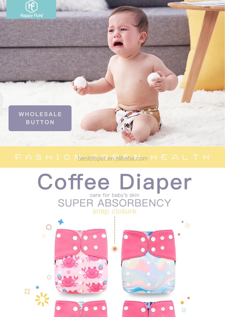 Happyflute 4pcs Ecofriendly Washable Cloth Diaper Cover Coffee Fiber