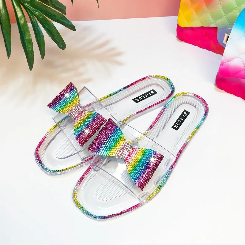 

Hot sales new design flat rhinestone sandals casual rivet jelly slippers rain bow color bowknot fashion slides, Black, clear and rainbow