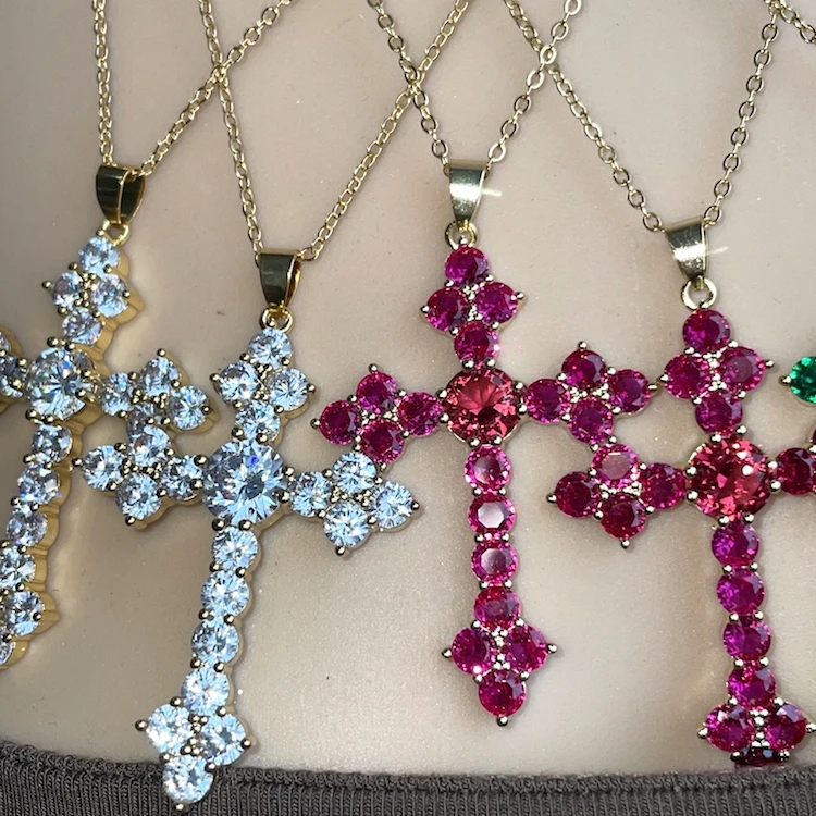

Jialin jewelry ins 18k gold plated cross charm pendant red green blue gemstone pendants women necklace cross, Picture shows