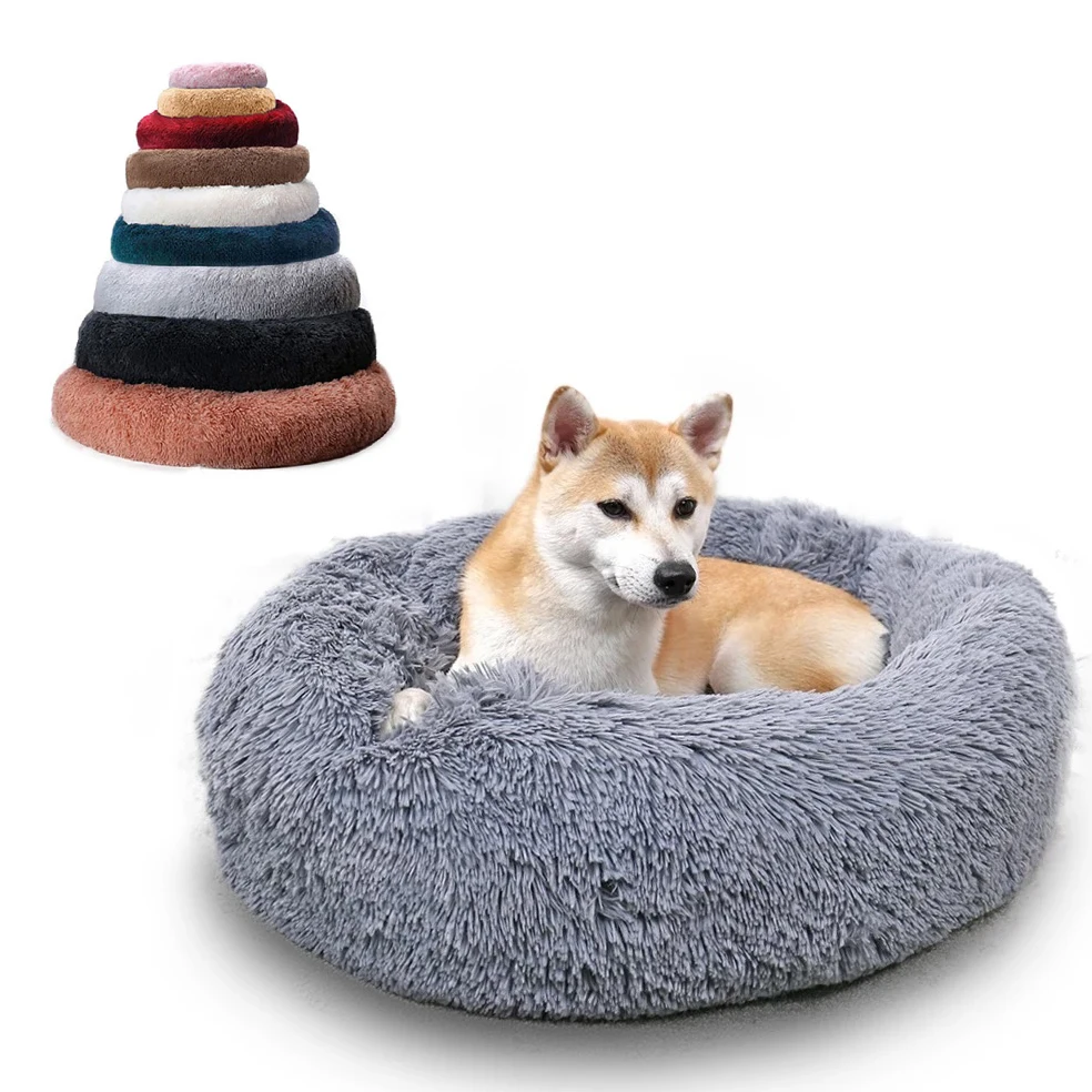 

Amazon Hot Selling Round Pet Bed Long Plush Donut Dog Cat Sofa soft washable Removable pet mat large fiber luxury pet supplies
