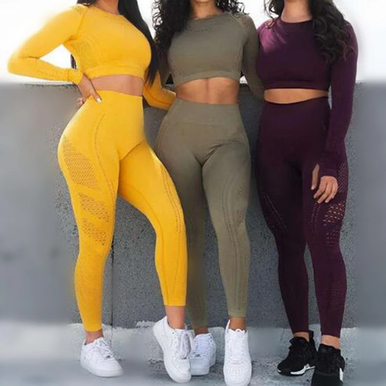 

New style seamless yoga set hollow long sleeve compression workout gym fitness sets, Picture