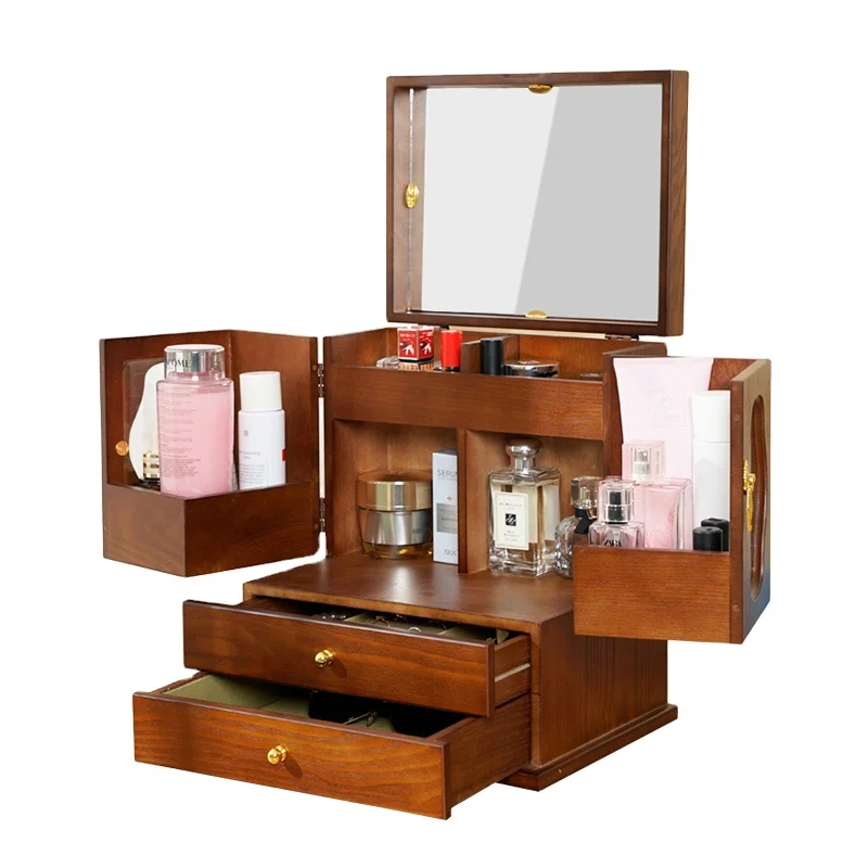 

Clear and visible partition area gold plated handle cosmetic storage box with mirror, Brown