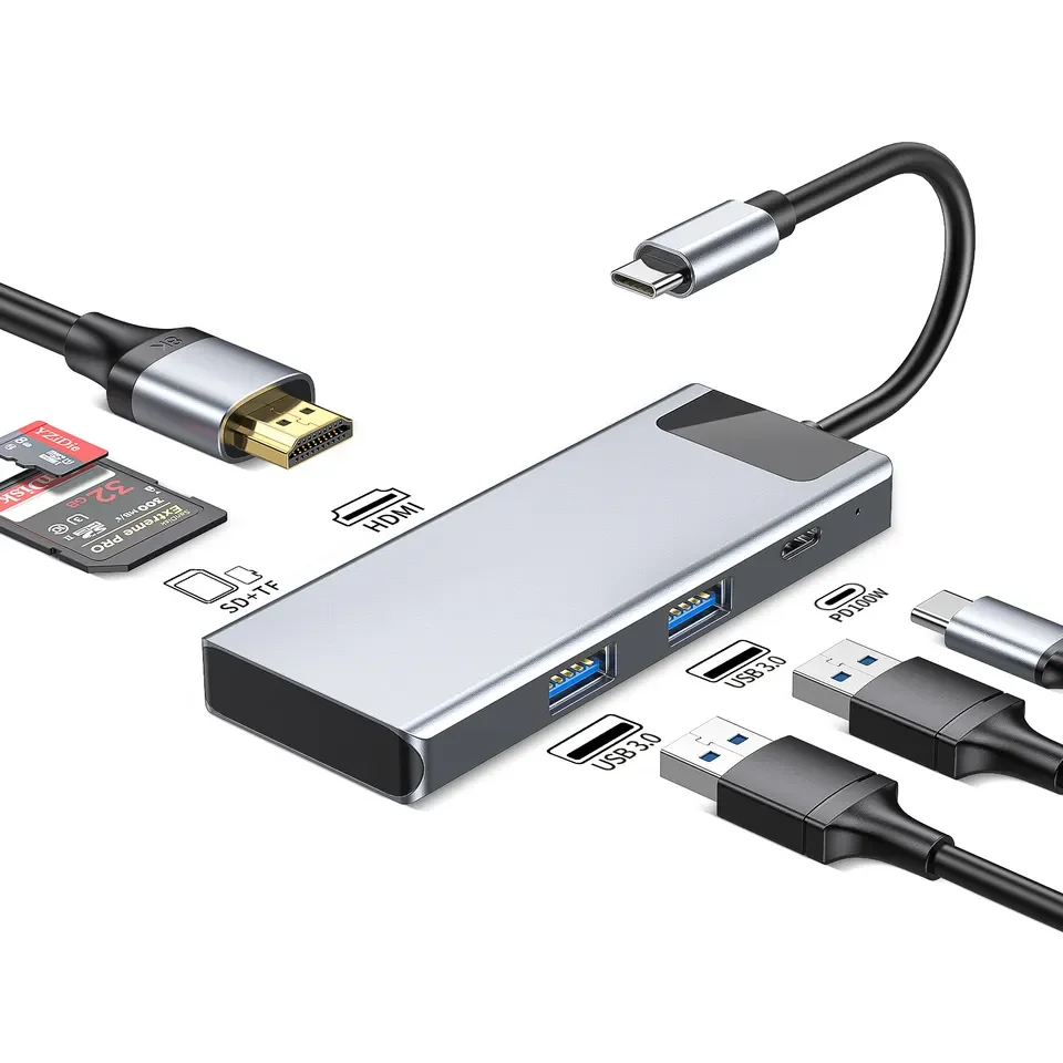 

OEM Aluminum 6 in 1 USB-C Hub Adapter Type-C Kabel 4K 30hz Converter 3.0 USB C Hub Charging Station Dock For Computer LAPTOP