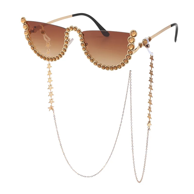 

Women Semi Rimless Eyeglasses Luxury Rimless Ladies Studded With Chain Eyeglass Frame Crystals Studded Sunglasses