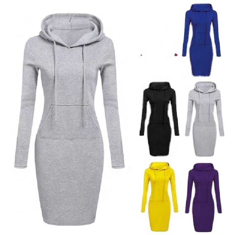

2021 New  Bodycon Knee Length Hoodie Pullover Women Plain Solid Color Spring Slim Hoodie Casual Skinny Dress with Pocket, Custom