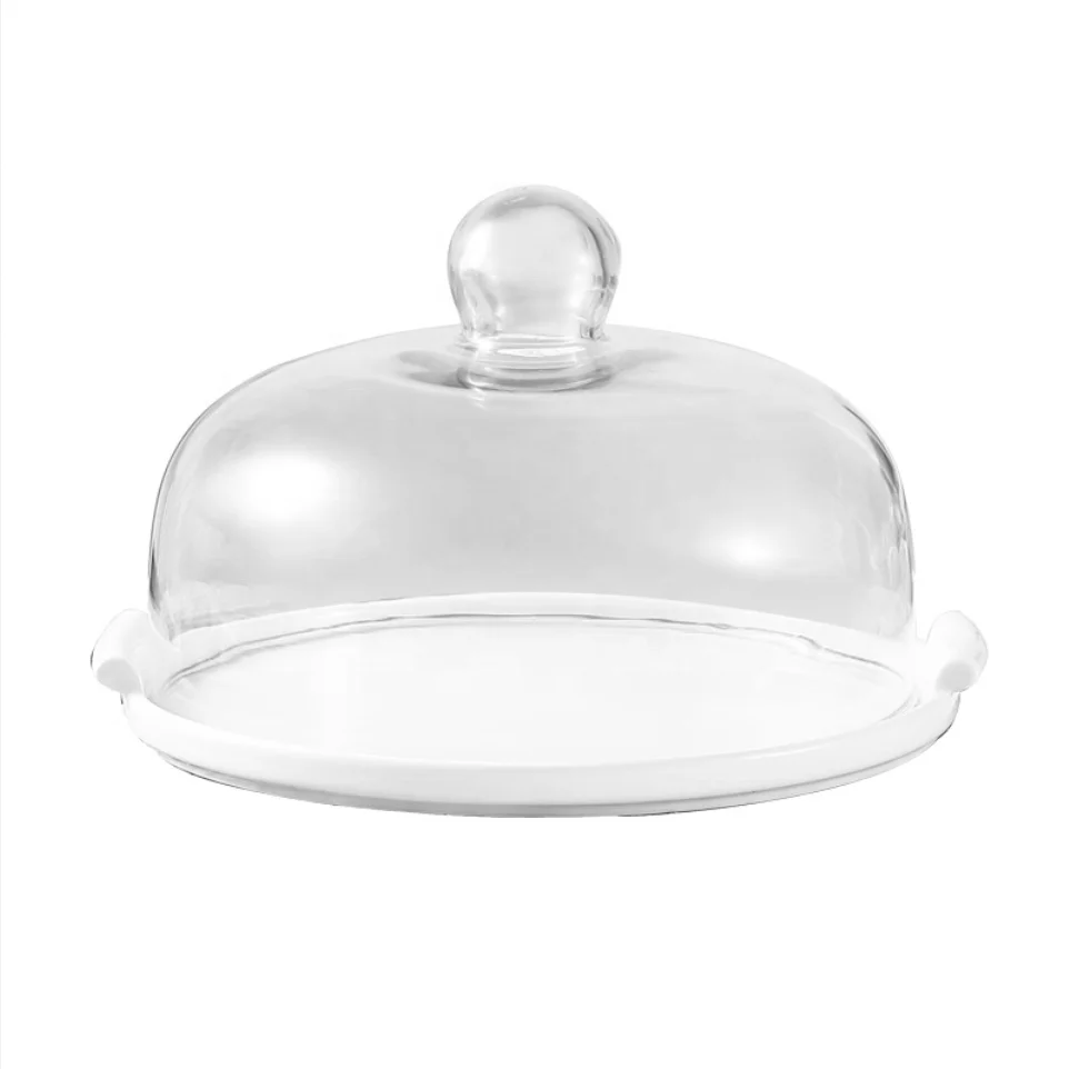 

Wholesale Snack Fruit Bread European Style Afternoon Tea Display Stand Baking Cake Trayceramic Cake Stand With Glass Cover, White