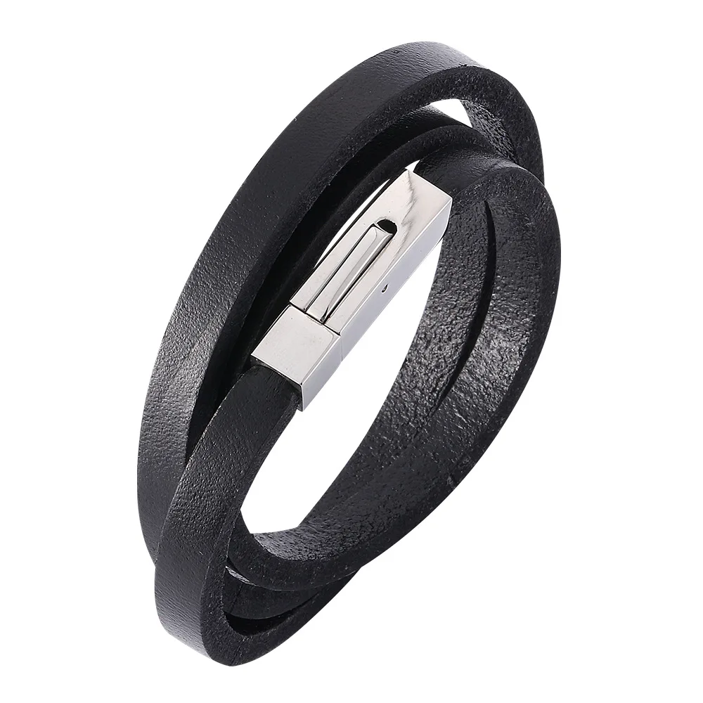 

Genuine Exquisite Stainless Steel Matte Clasp Charm Mens Leather Stainless Bracelet, Brown,black,silver clasp,customized color