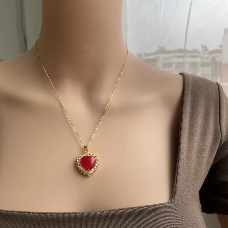 

Jialin jewelry jade pendant jewelry natural genuine jade heart necklace 18k gold red stone jewelry necklace women lucky charm, Picture shows