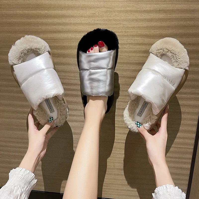 

faux fur slides indoor outdoor four seasons fashion summer winter high heel fake fur slippers for women, Picture