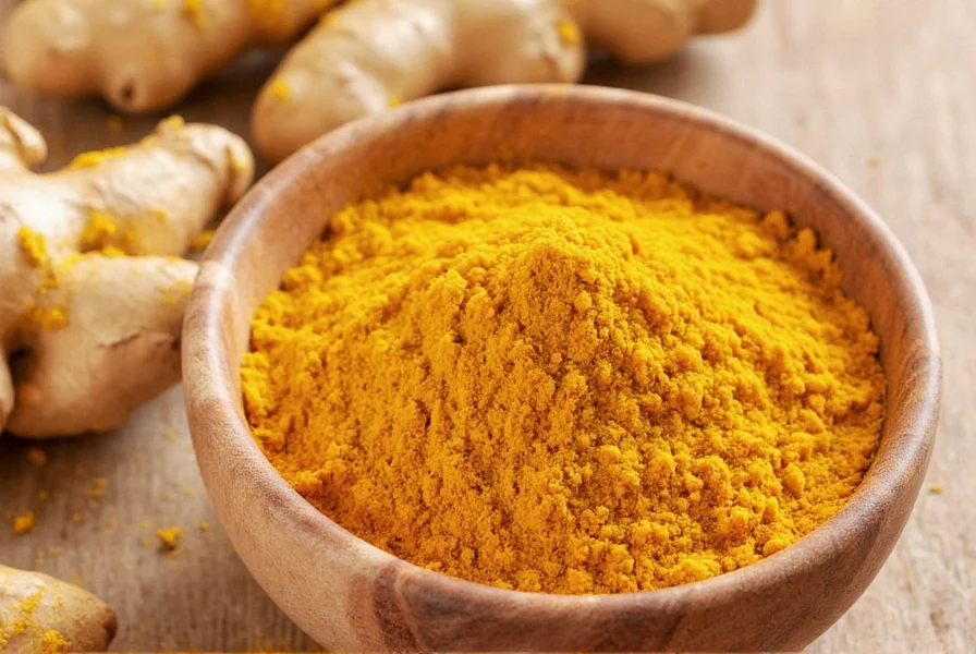 Fresh turmeric root and ginger root side by side on wooden cutting board