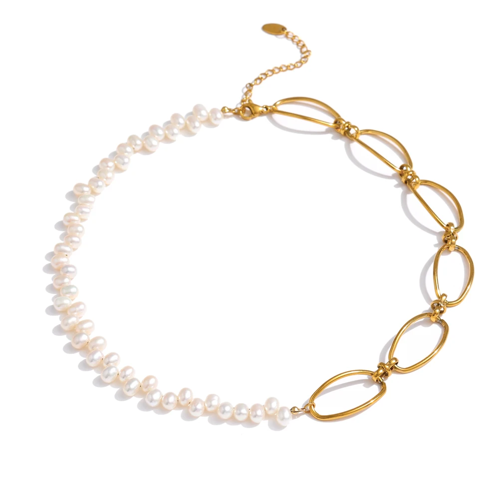 

JINYOU 1857 18K Gold Plated Choker Necklace Elegant Natural Pearl Chain Necklace New Stainless Steel Jewelry