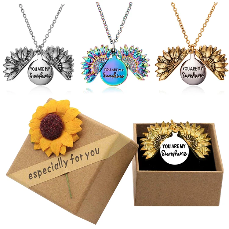 

Fashion Antique Gold Silver Rainbow Open Locket Women Girl Gift You Are My Sunshine Sunflower Pendant Necklace Jewelry With Box, Antique gold antique silver