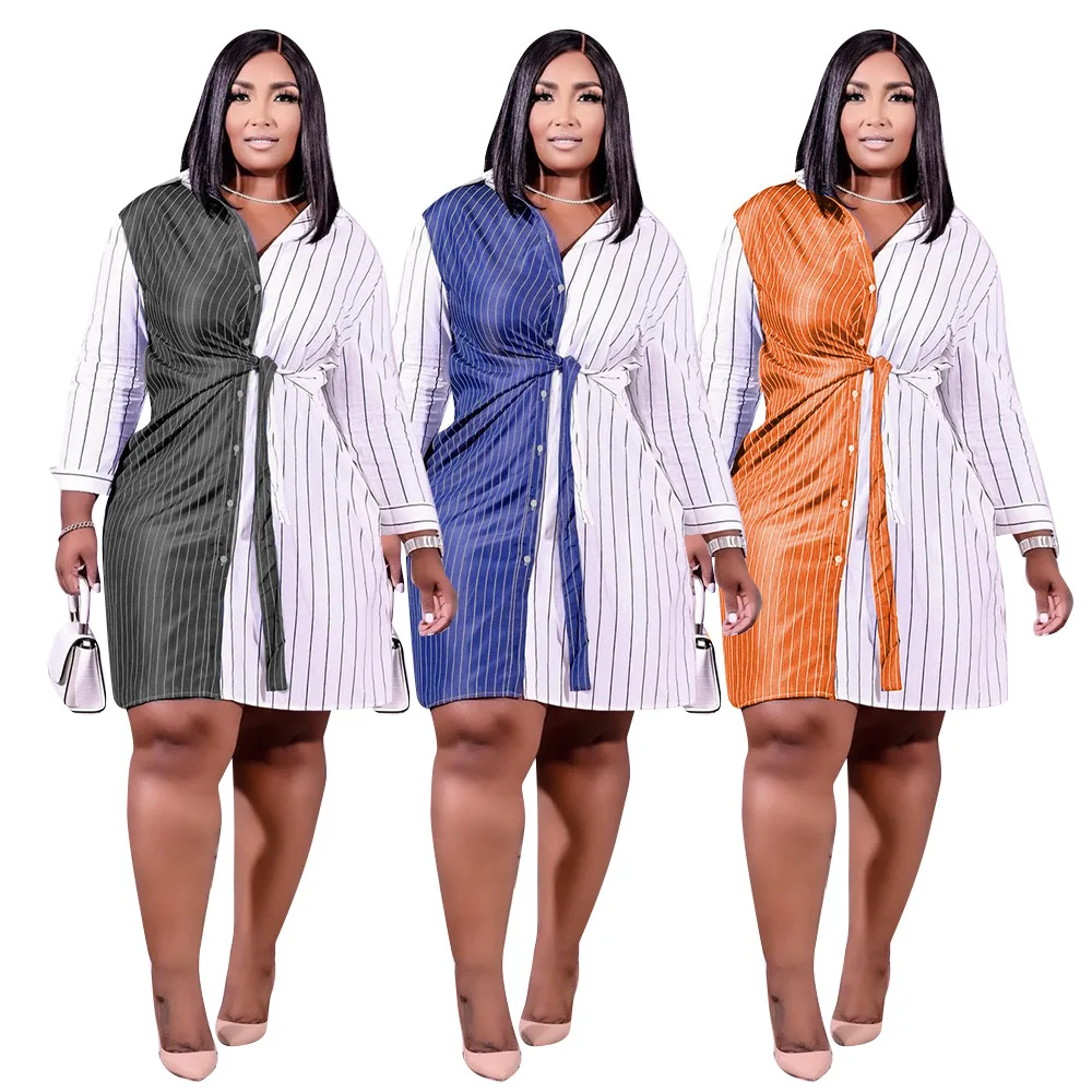 

QS51027 Hot sell fall plus size 5xl woman dress long sleeve shirt dresses women casual striped sashes dress 2021 women clothing