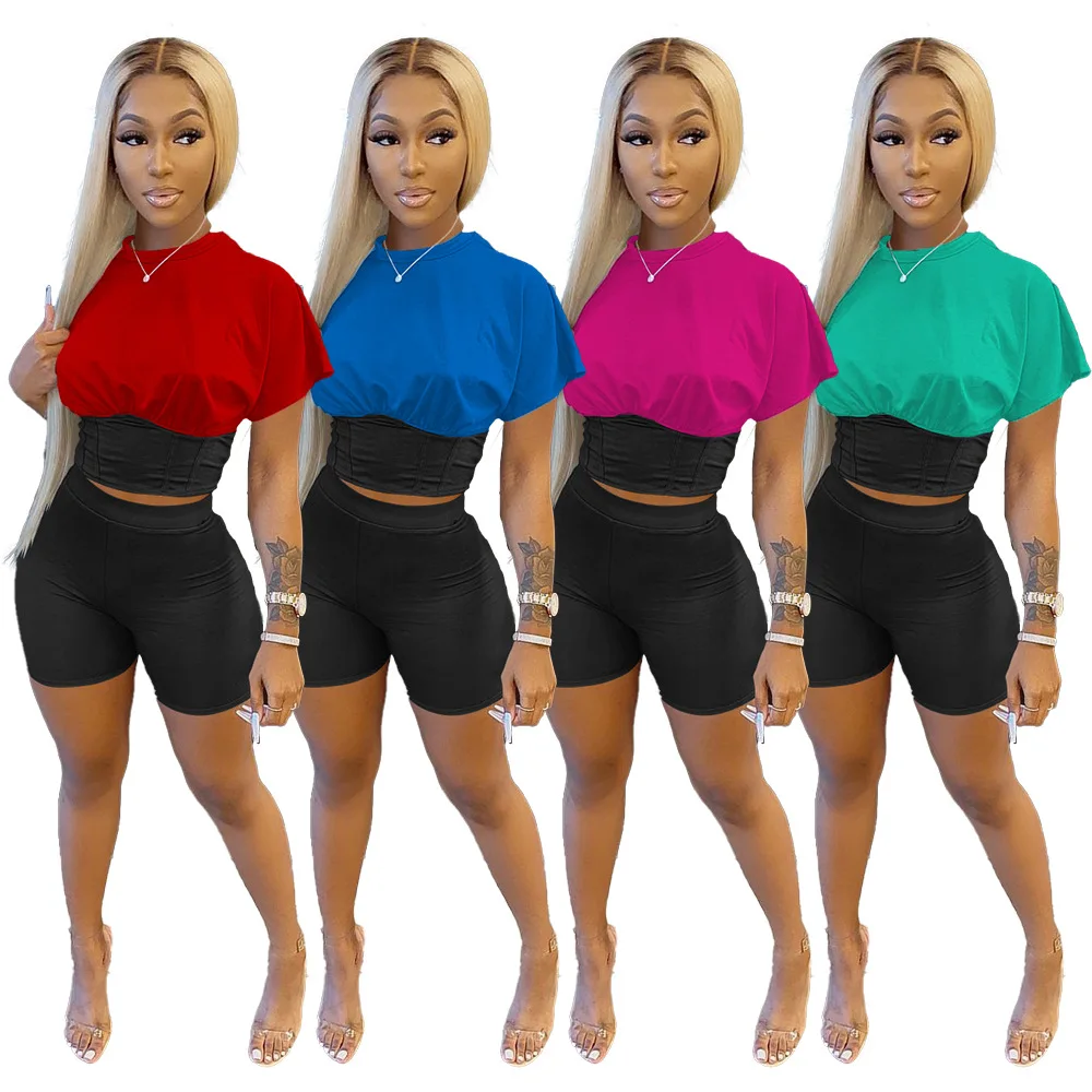 

RTS (0.26) A5259 American women two tone patchwork two piece summer ladies 2 piece short set