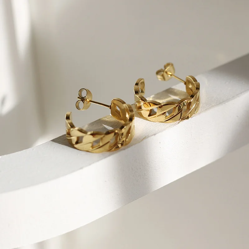 

Waterproof Hypoallergenic Stainless Steel Women Minimalist Jewelry 18K Gold Plated Cuban Chain Hollow Hoop Stud Earrings