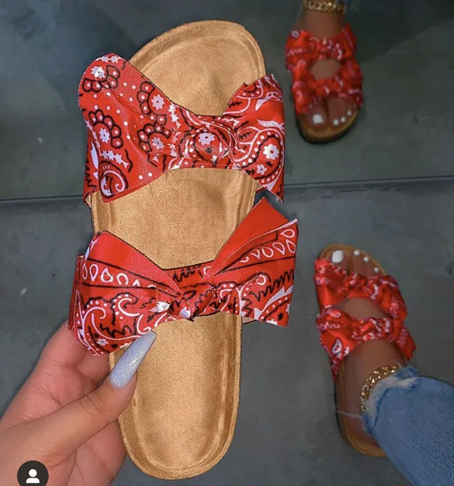 

Factory Wholesales price summer bandana double bow tie slides for women 2020, Shown