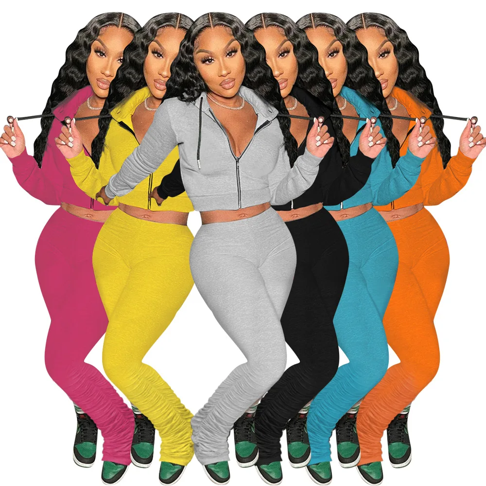

Women Sweat Suit Set Solid Color Hoodie Crop Top Stacked Leggings Two Piece Pants Set Women Casual Sport Wear Jogging Sweatsuit