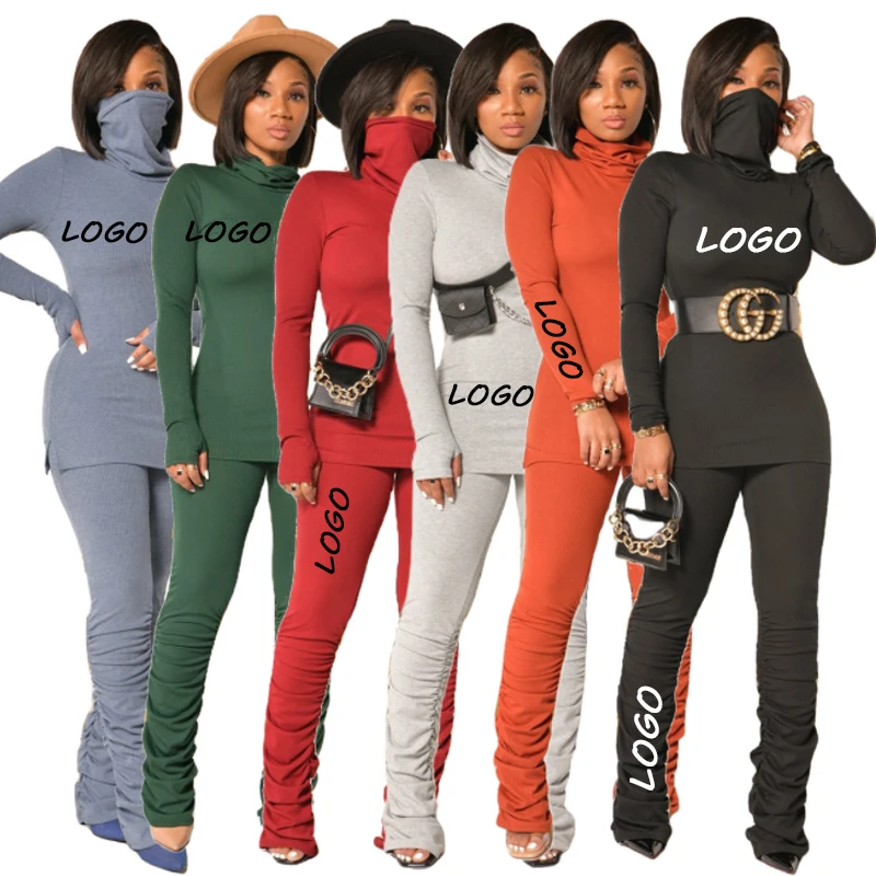 

Good Quality 2021 Winter Women Clothing Leisure Sports Suit Solid Color Rib Choker Womens Tracksuits 2 Piece Set