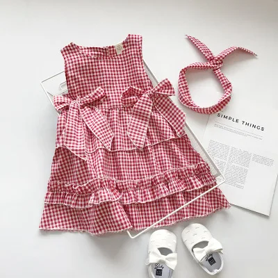 

High quality Girls summer sleeveless plaid shirt dress with headband casual dress for girls, Picture shows