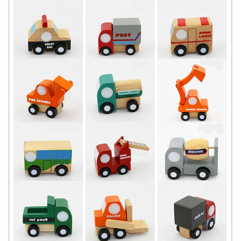 12pcs/set Mini wooden car/airplane/ military vehicle Soft Montessori wooden toys for children with gift box birthday