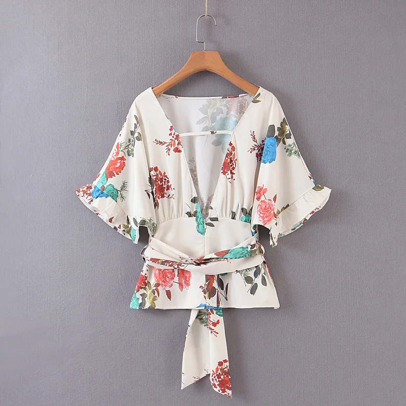 

High fashion design deep v neck short sleeve floral printed women's blouse and tops
