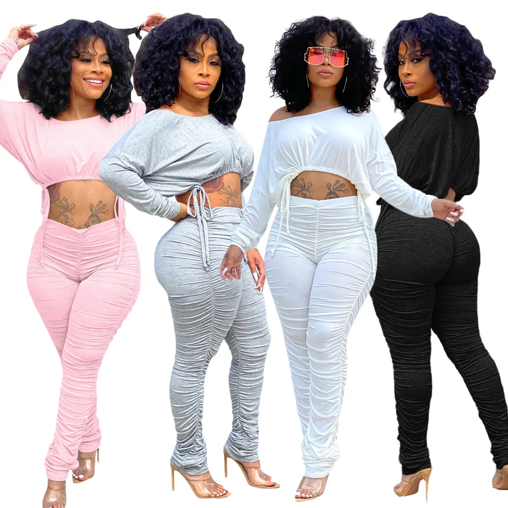 

Women's autumn and winter simple casual sports suit round neck drawstring long sleeve trousers suit