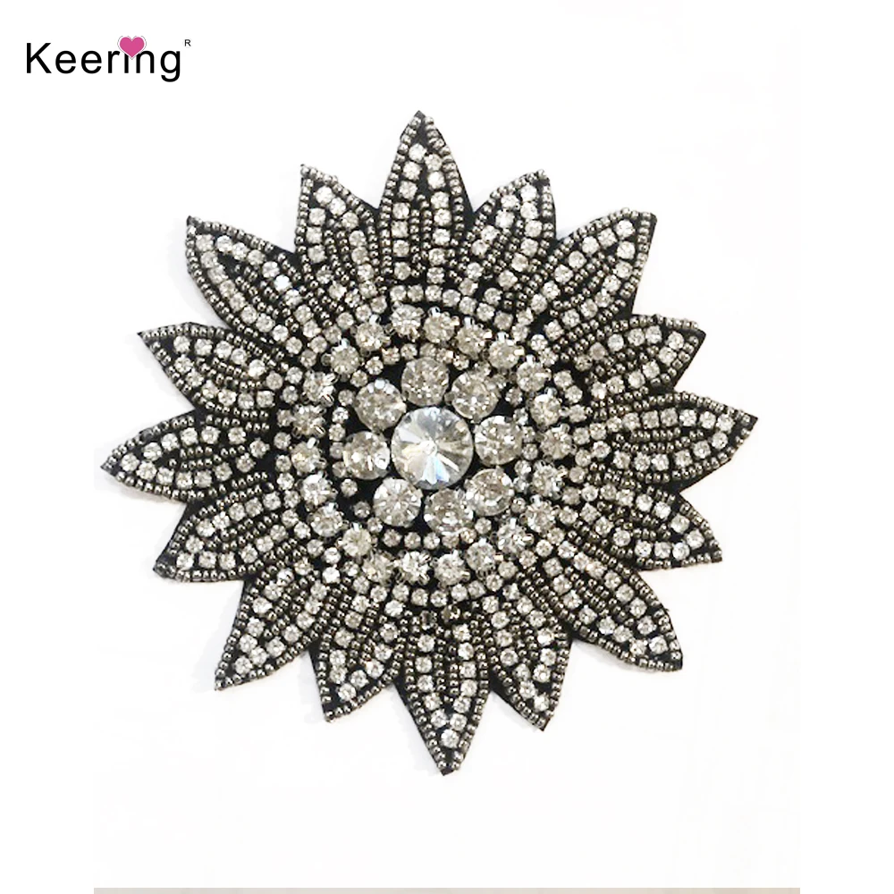 

Fashion Popular wholesale sun flower gunmetal silver DIY iron on crystal rhinestone applique, Silver/gold/ab/gunmetal