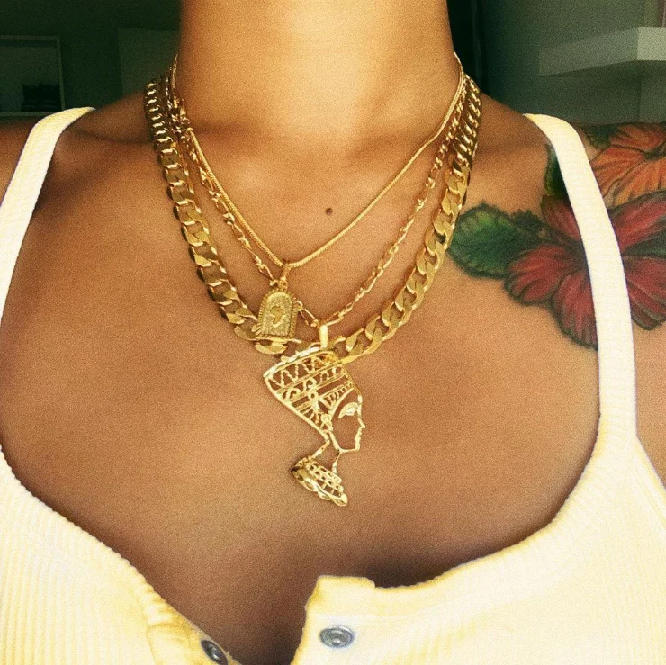 

Gold Choker Chain Rave Party Queen of Egypt Nefertiti Gothic Layered African Map Pendant Necklaces Jewelry for Women and Girls, Gold color