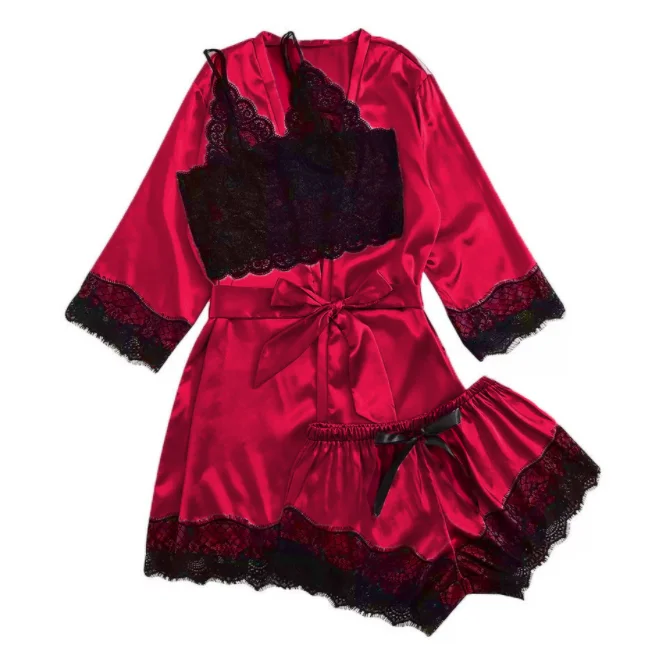 

YJC0087 Women High quality Lace Set Sexy Bralette Shorts Comfortable Bathrobe Satin Pajama 3 Piece sexy robes set, Black,white,red,purple,pink,green,yellow...