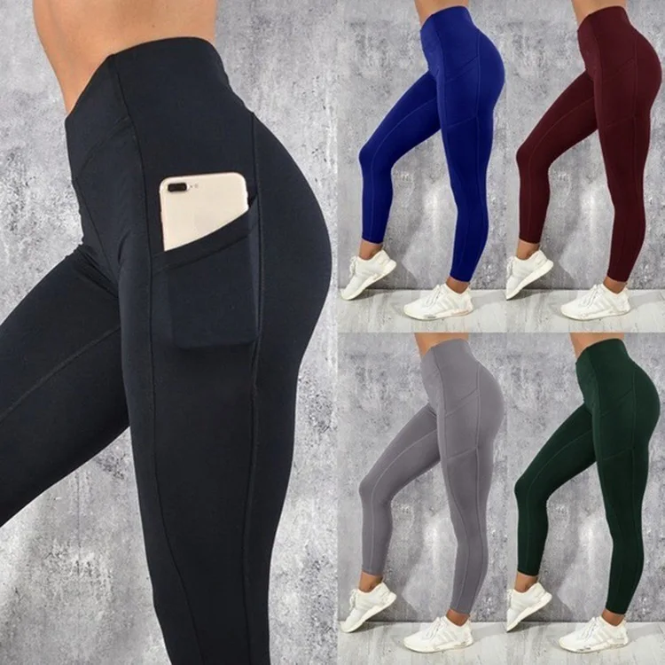 

High Waist Workout Leggings Running Pants Womens Yoga Pants with Pockets, Black/grey/wine red/blue/green
