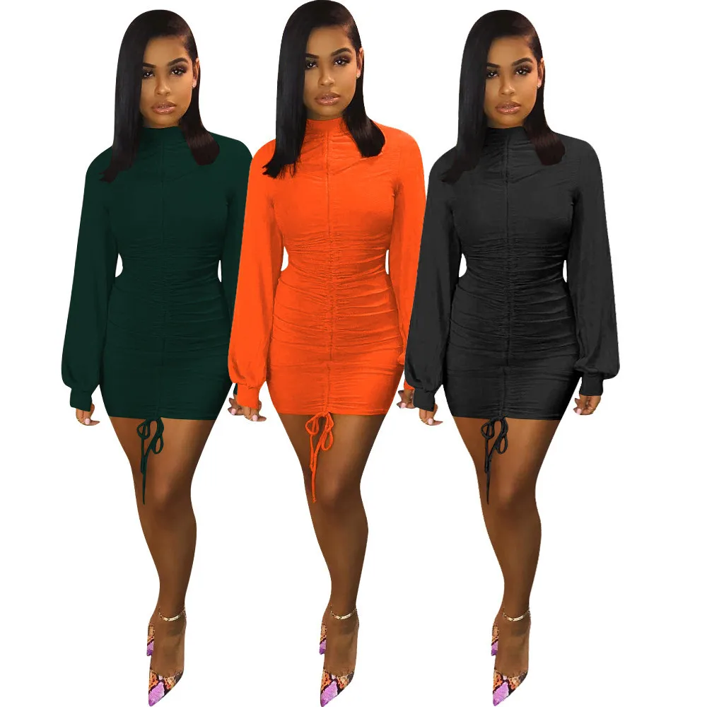 

Fashion Women Appare Casual Long Lantern Sleeve Ruched Mock Neck Drawstring Bodycon Orange Nightclub Dress For Ladies, Shown