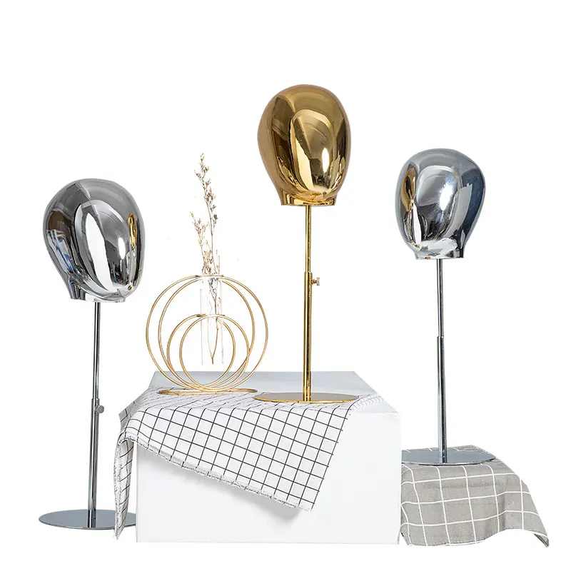 

wholesale Clothing Store Window Hat Display Metal Female Model Head Gold Chrome Mannequin Head with Stand, Gold,silver