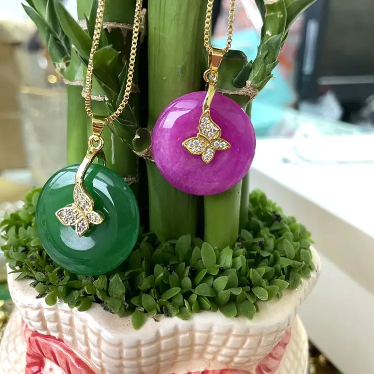 

Natural Gold Plated Women's Green And Lavender Jade Necklaces Jewelry Circle Donut Pendant Butterfly Pendant Necklace Wholesale, Green,pink, lavender