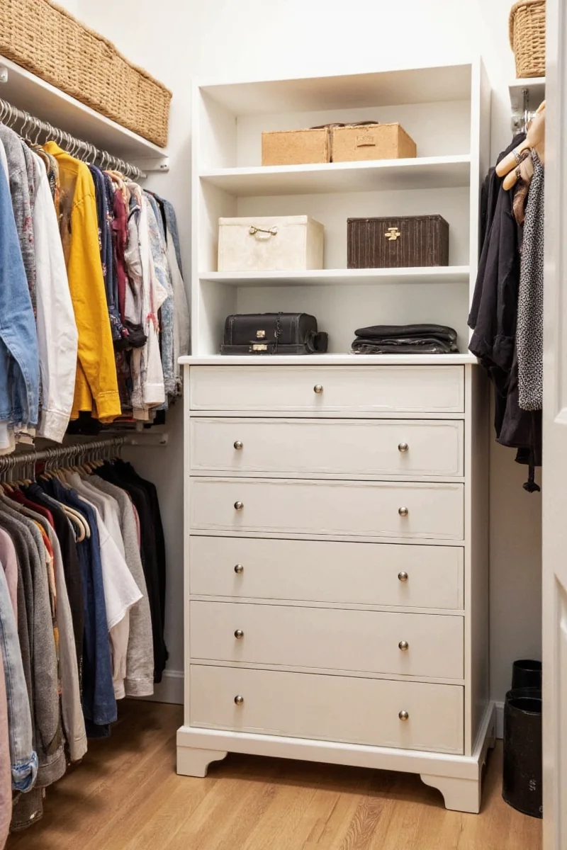 Family organizing closet together