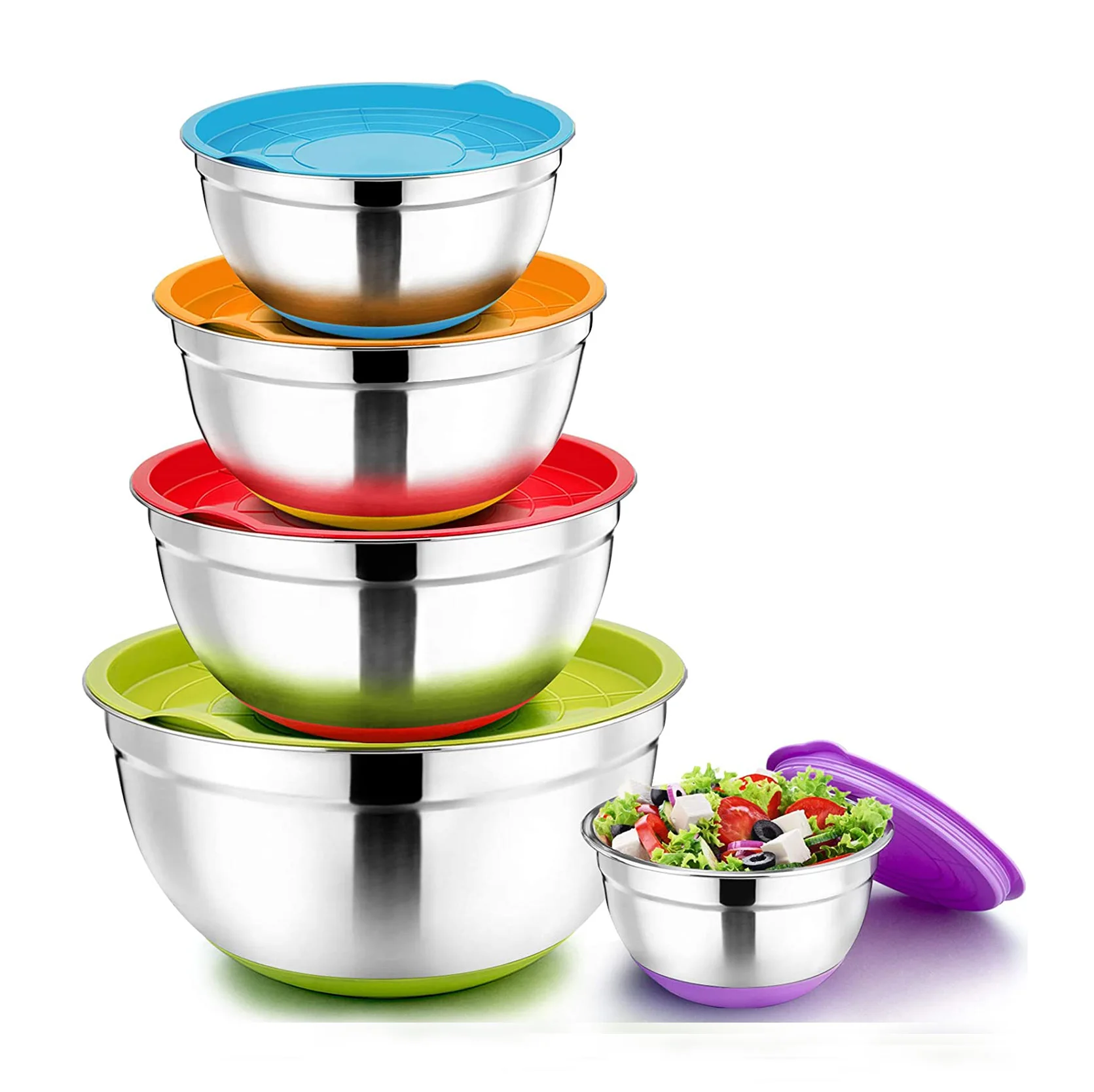 

Cooking Tool Baking Accessory Serving Stainless Steel Salad Bowls Metal Nesting Bowls with Airtight Lids Mixing Bowls with Lids, Customized color