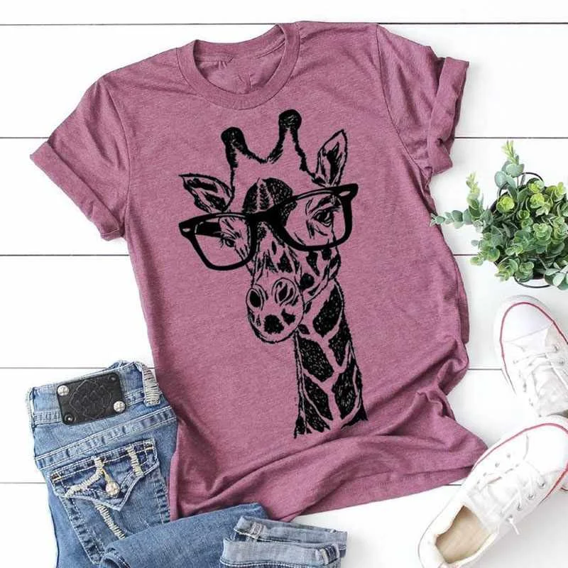 

New Summer Giraffe Print T Shirts For Women Cartoon Casual T-shirt Lady Short Sleeve Tops Tees Shirt Female Clothes, As pictures