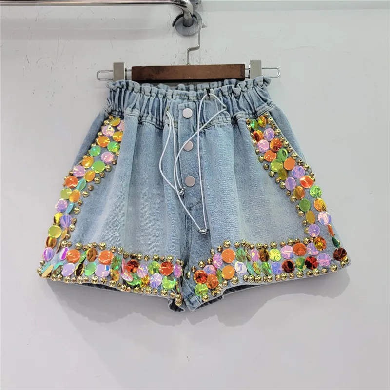 Ladies Beaded Color Diamond High Waist Short Summer New Slimming Wide-Leg Denim Shorts Women's Wide Leg Jean Short