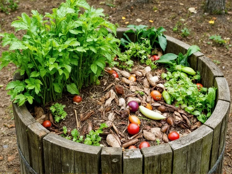 Compost bin with vegetable scraps and leaves