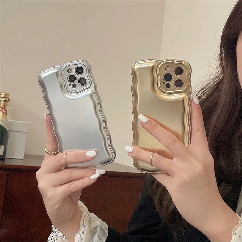 

New Design Wave Frame Shockproof Mobile Phone Case For Iphone14 13 12 11 Pro Xr Xs Max Gold Silver Electroplated Phone Case