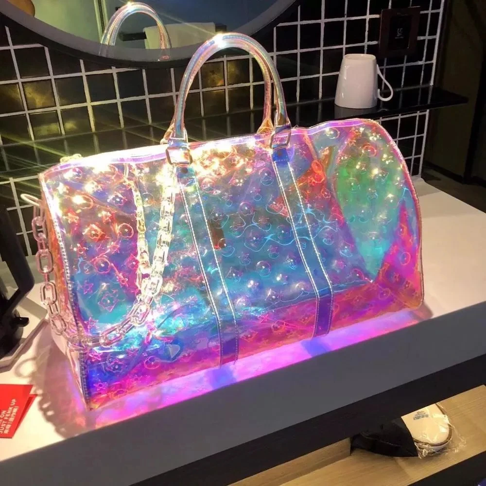 

2021 new women beach travel pvc transparent clear holographic jelly shoulder tote hand duffle bags crossbody bag handbags, Orange, navy, sky blue, rose red, black, red, pink