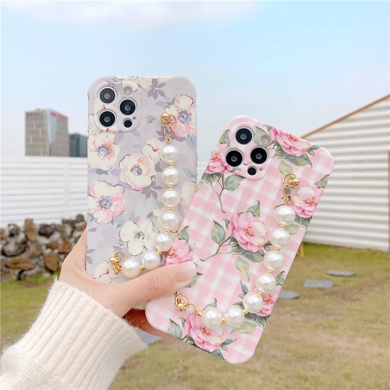 

Vintage Flowers Phone Case for iPhone 12 Floral Phone Cover with Pearls Bracelet