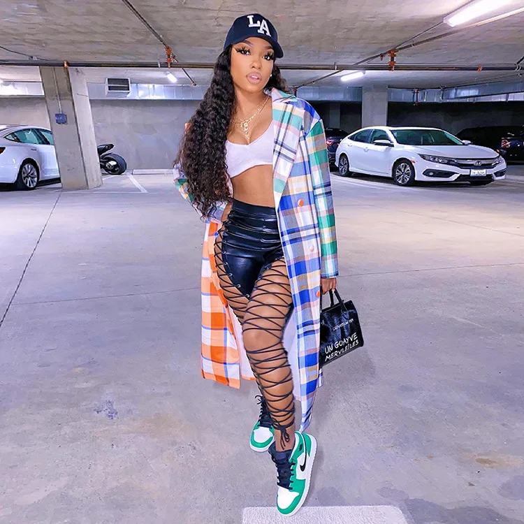 

2020 Womens Fall Fashion Coats Apparel Clothing Ladies Contrast Color Plaid Lapel Collar Long Winter Coat Women Clothes, Orange,wine red,watermelon red